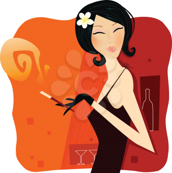 Royalty Free Clipart Image of a Woman Smoking in a Bar