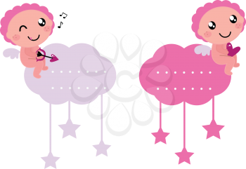Royalty Free Clipart Image of Angels With Clouds and Hanging Stars