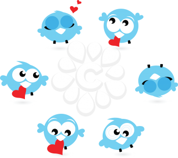 Love twitter birds in different poses set. Vector Illustration 