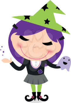 Witch cartoon girl showing something. Vector Illustration