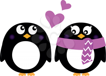 Two Penguins with love hearts. Vector cartoon Illustration
