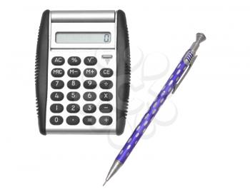 Calculator with pencil on a white background.                   