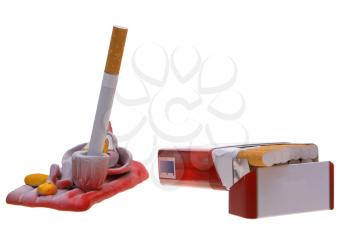 Open pack of cigarettes, ashtray on a white background. 

            