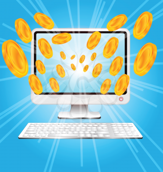 Royalty Free Clipart Image of Coins Coming From a Computer