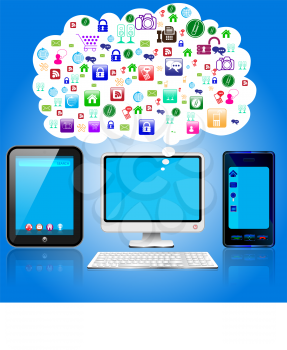 Royalty Free Clipart Image of Technology and a Cloud of App Icons