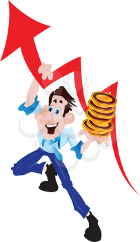 Royalty Free Clipart Image of a Man Holding Money and an Arrow