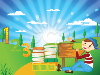 Royalty Free Clipart Image of a Child With School Supplies Sitting in a Field