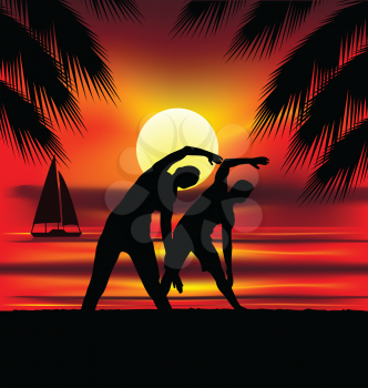 Royalty Free Clipart Image of Silhouettes Stretching on a Beach