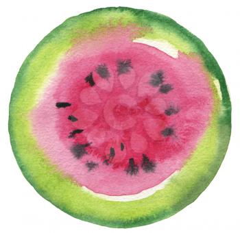Watermelon fruit. Circle watercolor painted button background. Texture paper. Isolated.

