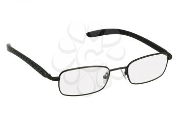 Glasses in black rim on the white background