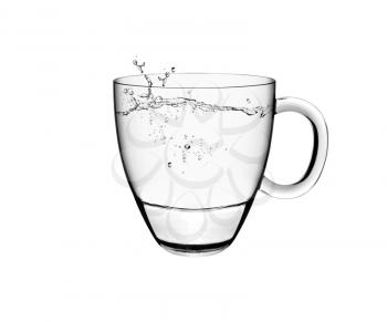 A glass of water and water splahes on white background 