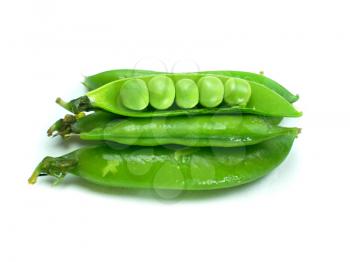 Fresh green pea pod and peas isolated on white background.