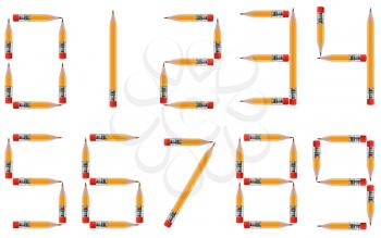 short Pencils isolated on white background arranged to create shape of numbers 