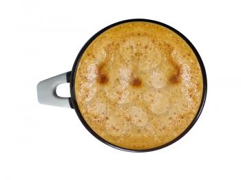 top view of a cup of cappuccino with foam isolated on white background.