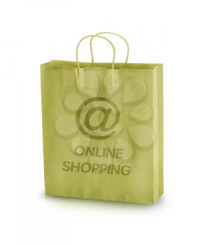 Empty paper shopping bag with online shopping sign isolated on a white background.