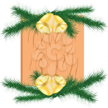 Royalty Free Clipart Image of a Board Between Two Pine Boughs With Bells