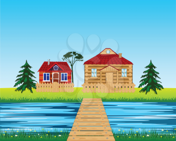 Vector illustration of the rural landscape with river