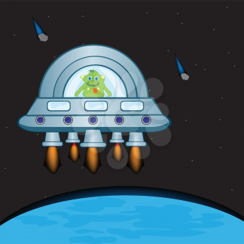 Extraterrestrial spaceship in cosmos beside planets.Vector illustration