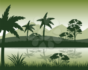 The Tropical landscape with palm and river.Vector illustration