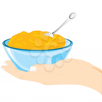 Hand of the person with plate of meal on white background