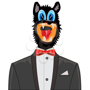 Cartoon of the dog in suit with tie by butterfly on white background