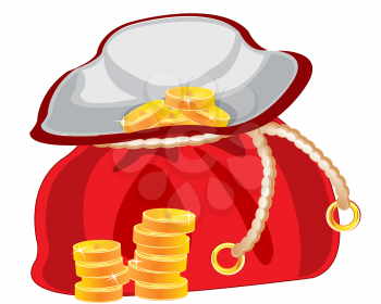 Red bag with golden coin on white background