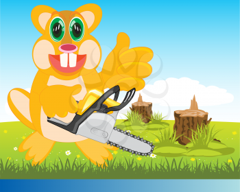 Cartoon animal beaver on glade with chainsaw in hand