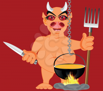 Cartoon line beside caldron with knife and pitchfork in hand