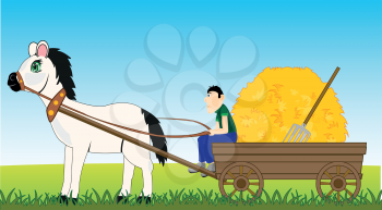 Vector illustration of the farmer on horse cart with hay
