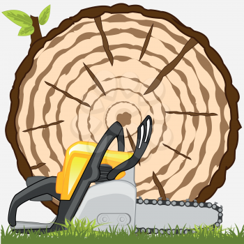 Sawed down tree and instrument saw.Vector illustration