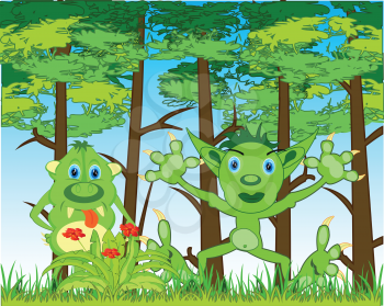 Year wood full fairy-tale monster and trolls.Vector illustration