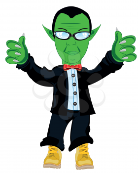 Fairy-tale personage man troll with green skin in fashionable cloth on white background