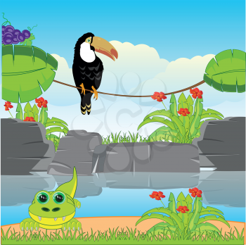 Vector illustration tropical jungle and riverside with animal and bird
