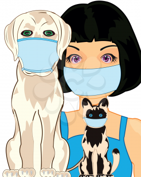 Girl with cat and dog in defensive mask from epidemic