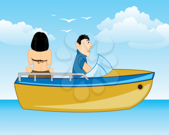 Vector illustration of the cartoon of the girl and men on sailboat in ocean