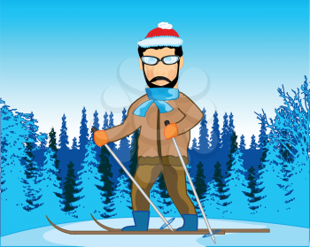 Winter wood and man on ski runs on snow