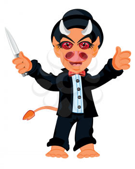 Cartoon line with horn and knife in hand