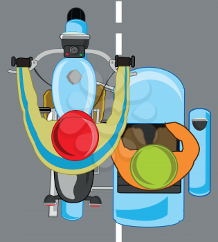 Vector illustration of the motorcycle with sidercar and passenger on road type overhand