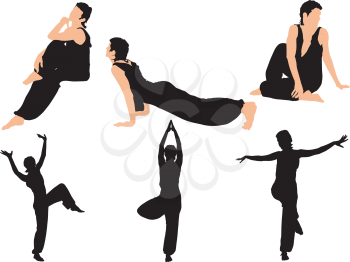 Royalty Free Clipart Image of a Variety of Gymnasts and Silhouettes of Gymnasts