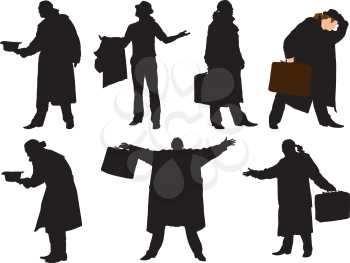 Royalty Free Clipart Image of a Collection of Silhouette Men in Cloaks With Briefcases and Hats