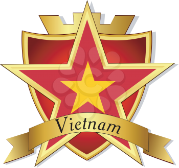 Royalty Free Clipart Image of a Background Shield With a Gold Star and Banner Representing Vietnam