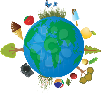 Royalty Free Clipart Image of a Globe with Summer Items Around the Outside