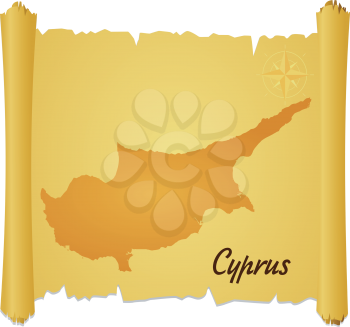 Royalty Free Clipart Image of a Ragged Parchment With a Silhouette of Cyprus