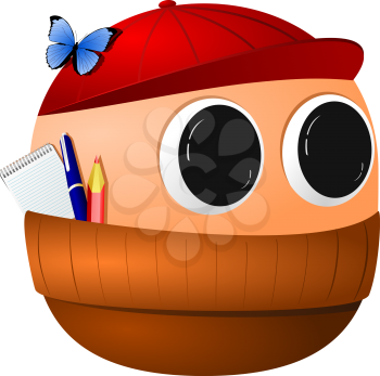Royalty Free Clipart Image of a Cartoon Baseball Wearing a Baseball Cap With Big Black Eyes, Inside a Container Holding Office Supplies