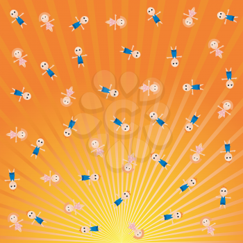 Royalty Free Clipart Image of a Bright Orange Background With Rays of Light with Children Floating