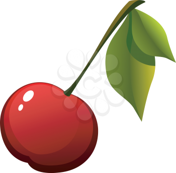 Royalty Free Clipart Image of a Fresh Cherry With a Stem and Leaves