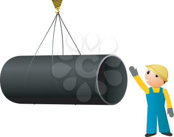 Royalty Free Clipart Image of a Large Pipe Being Loaded With a Worker Giving Directions