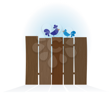 Royalty Free Clipart Image of Blue Birds on a Wooden Fence