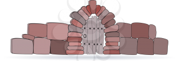 Royalty Free Clipart Image of a Variety of Shaped Bricks and Stones and a Wooden Gate