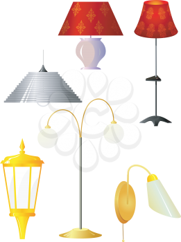 Royalty Free Clipart Image of a Variety of Lamps and Lamp Shades on a White Background